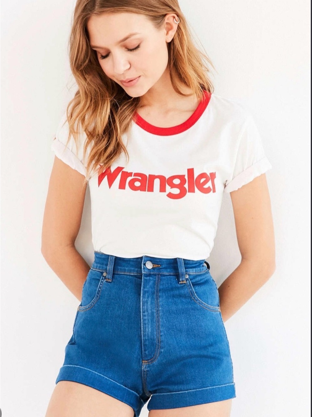 Wrangler Blue Denim High-Waist Cuffed retro style pin up Shorts 24